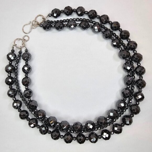 Faceted Black Hematite Sterling Silver Multi Strand Chocker Necklace, 17” - Picture 1 of 9